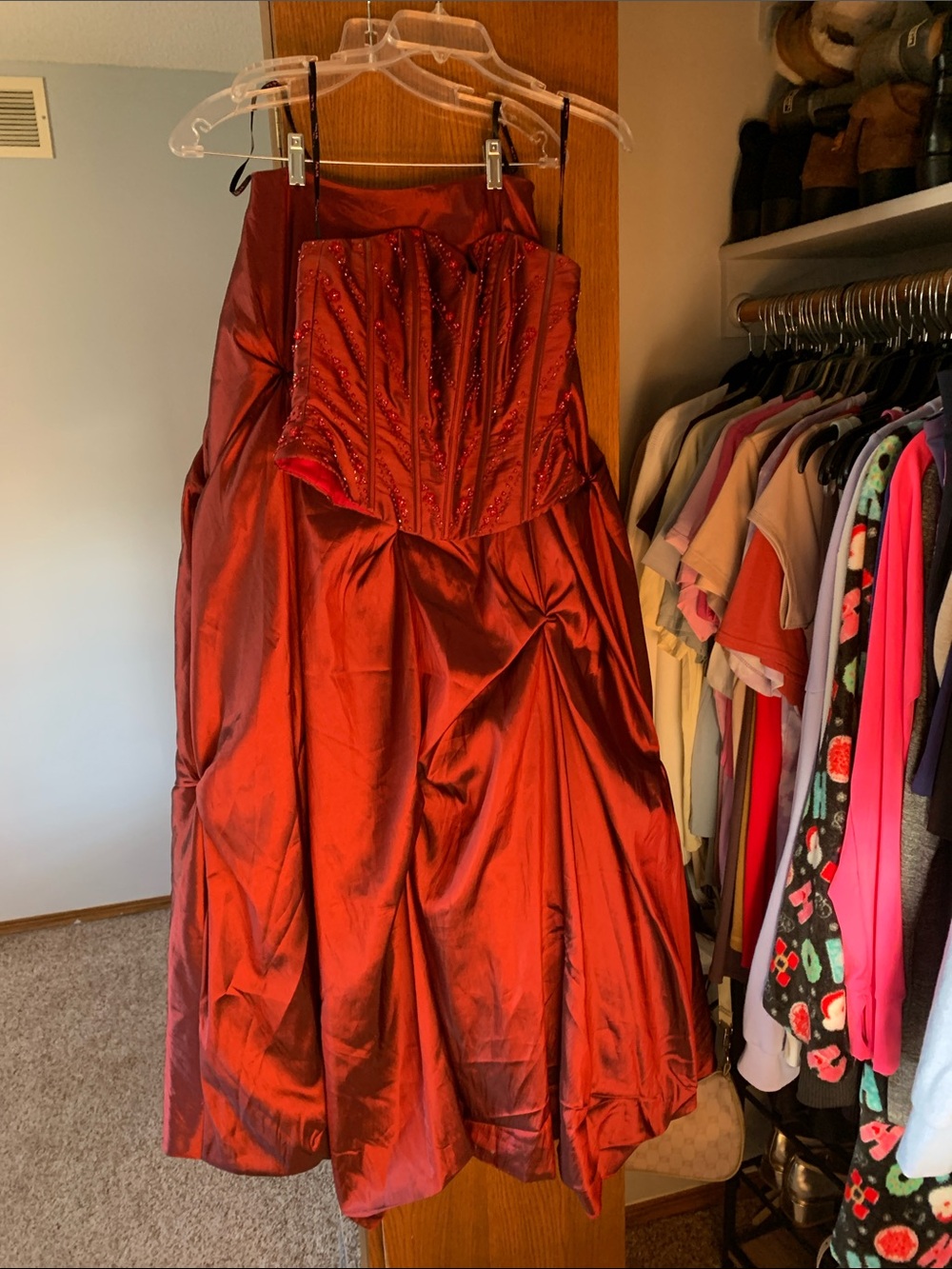Red Strapless Beaded Corset Ball Gown